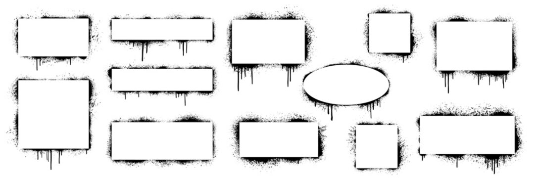 Grunge graffiti boarder silhouettes with wet splatters, paint drips, ink spray texture. Geometric frames with urban street art elements, blank border callouts text box. Vector illustration of grafitti