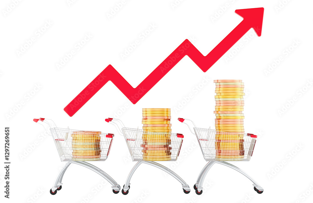 Poster shopping carts full of golden coins with growing up red arrow. 3d rendering isolated on transparent 
