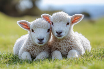 Fototapeta premium Two adorable lambs lying on a green meadow. They are cuddled together, creating a feeling of warmth, friendship and coziness. 