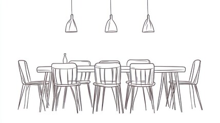 Modern dining room sketch; eight chairs, long table, pendant lights; interior design