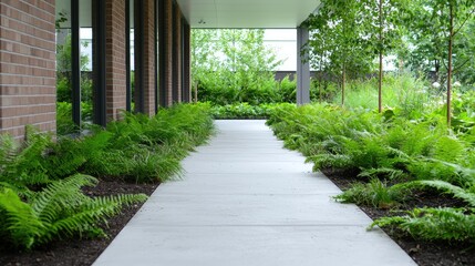 Modern building walkway lined with lush greenery