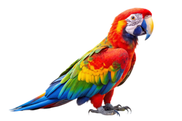 Close-up of an exotic scarlet macaw perched. PNG format