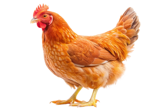 Close-up of a golden-feathered hen standing. PNG format