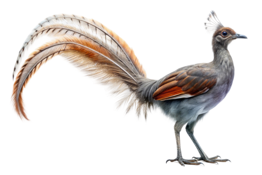 Close-up of a superb lyrebird, displaying elaborate tail feathers. PNG format