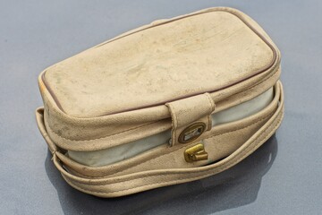 one old dirty leather retro compact medical hand square closed gray with iron fittings car first...