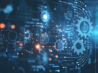Obraz premium Innovation in Motion: A digital representation of interconnected gears and circuitry, symbolizing progress and technological advancement.