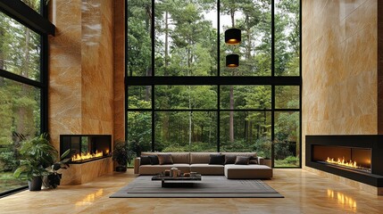 Modern living room with fireplace, forest view, spacious interior