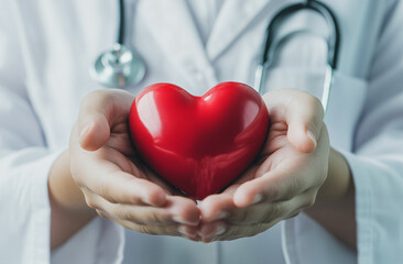 A dedicated doctor is carefully holding a bright red heart in her hands