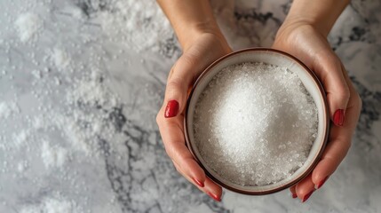 Hands Holding a Bowl of Sugar on Smooth Marble close up