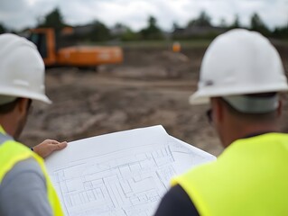 Construction Blueprint Analysis: Two construction workers in safety gear attentively study blueprints at a construction site, overseeing progress.