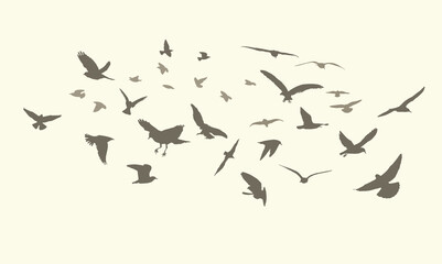 Obraz premium Flying birds silhouette flock. hand drawing. Not AI. Vector illustration.