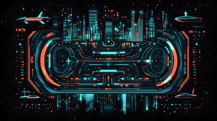 Futuristic city control panel in space