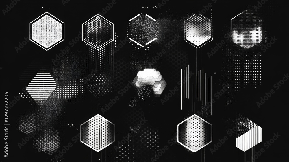 Poster another set of hexagonal halftone dotted abstract shapes.