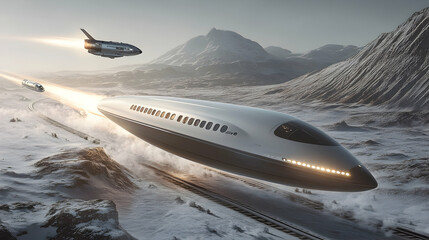 Fototapeta premium Futuristic high-speed train and rocket over snowy mountains