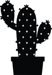 Black and White Silhouette of Cactus in Pot - Minimalist Plant Illustration with Vertical Lines and Spines