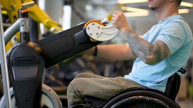 Unrecognizable man in wheelchair focuses on upper body training, rotating levers for shoulder and joint mobility in gym. Post accident injury, determination for sports and health, using ergometer