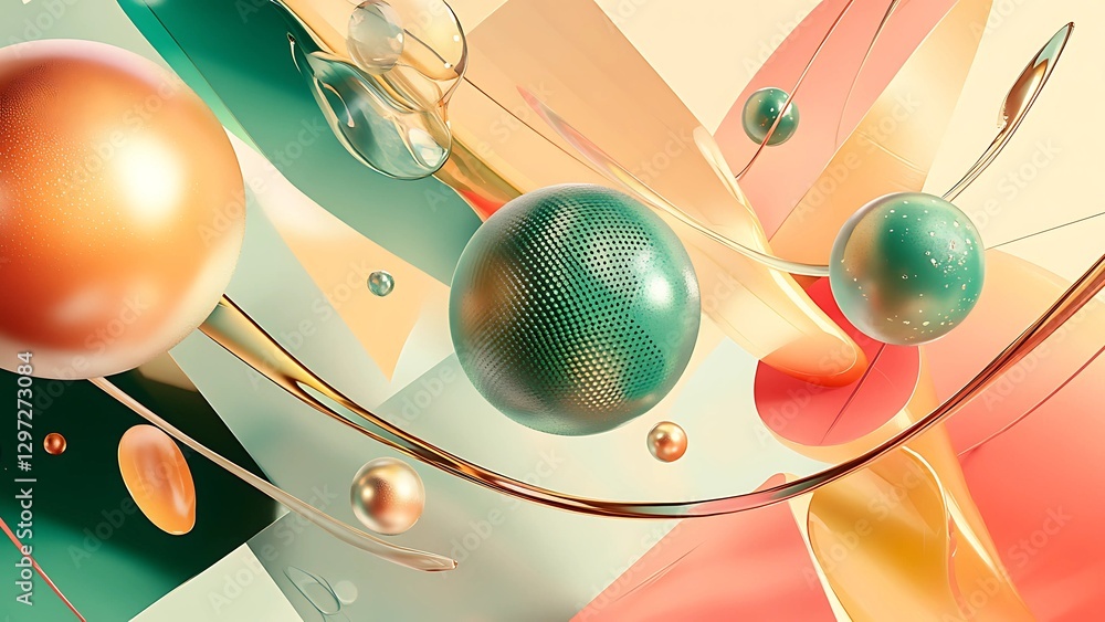 Poster abstract 3d composition with floating spheres and fluid shapes in soft pastel colors