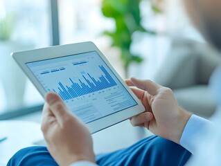 Analyzing Data: Business professional intently examines financial charts and graphs displayed on a digital tablet, signifying business, analysis, and the pursuit of growth.