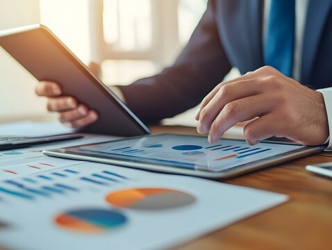Analytics in Action: A sharp, focused businessman meticulously analyzes charts and graphs on a digital tablet, surrounded by printed reports, reflecting the dynamics of strategic decision-making. 