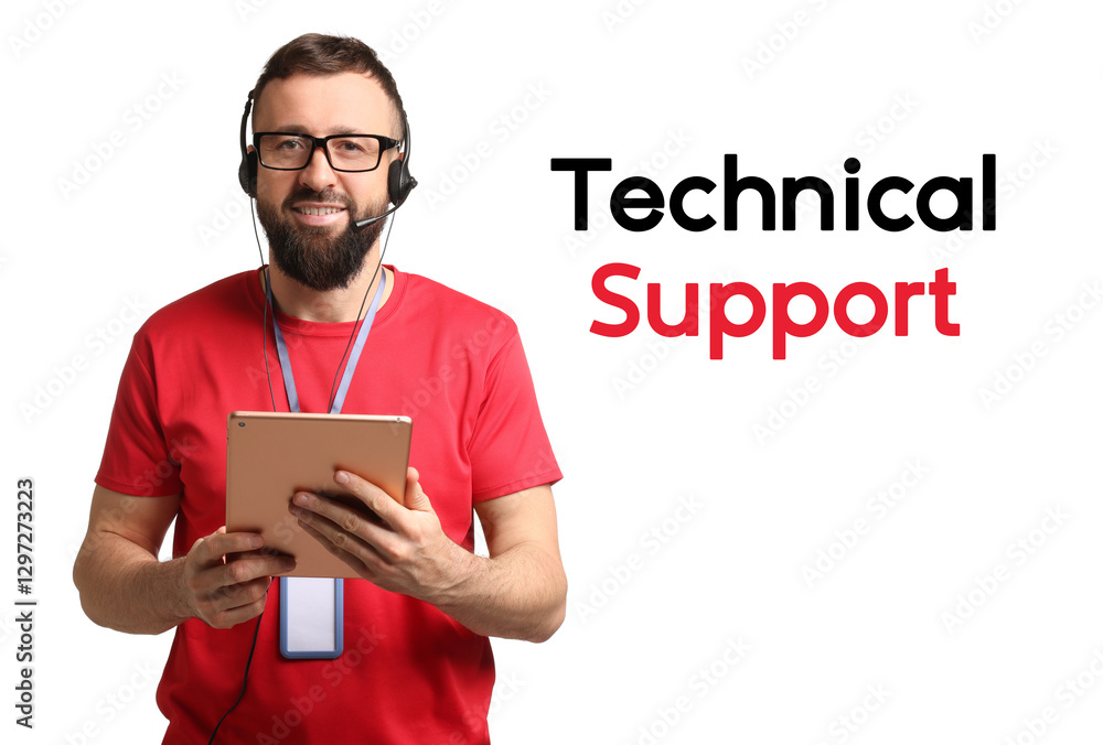 Poster technical support. operator with headset on white background