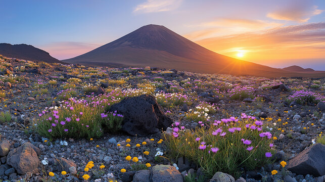 Pintoresco amanecer iluminando flores silvestres en un terreno rocoso en el pico de la monta&ntilde;a Pico de la Zarza