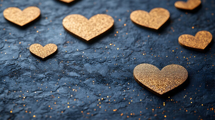 Obraz premium Gold hearts scattered on dark glitter background