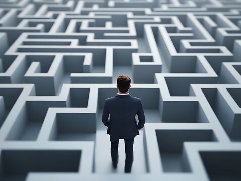 Navigating the Labyrinth: A determined individual in a business suit stands at the entrance of an intricate maze, symbolizing the complexities of life's journey and the pursuit of solutions.