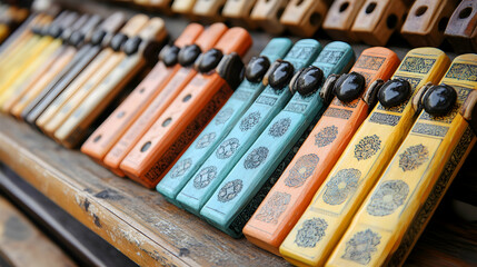 Naklejka premium Colorful Wooden Panpipes Displayed at Market Stall