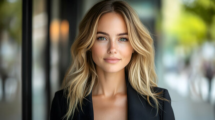 Obraz premium Confident blonde woman outdoors, city street background