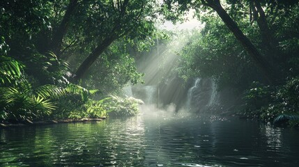 Sunbeams illuminate a lush jungle waterfall cascading into a tranquil stream.