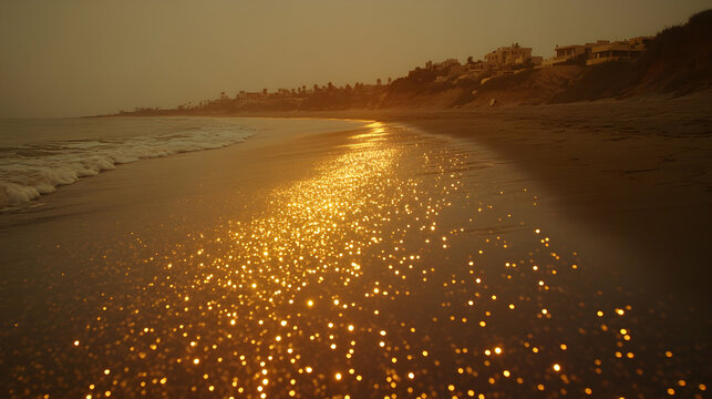 Golden sunset shimmering on coastal beach sands
