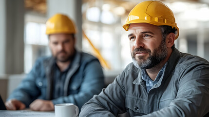 Construction workers planning project indoors