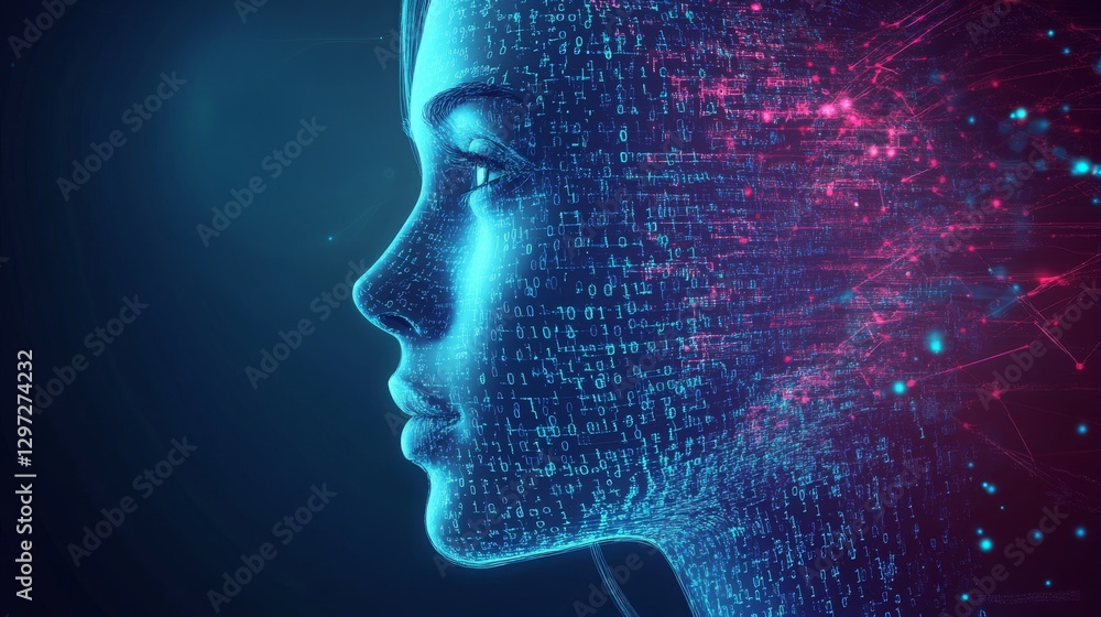 Aufkleber futuristic face of a woman with binary code and glowing lines, vector design.