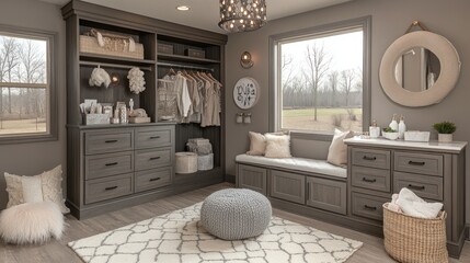Cozy, gray walk-in closet with seating area