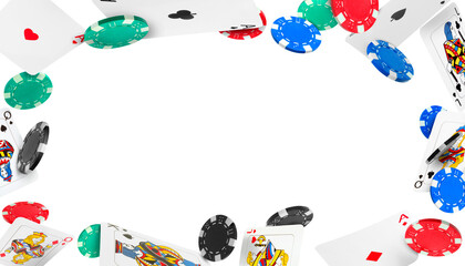 Poker chips and cards flying on white background. Banner design