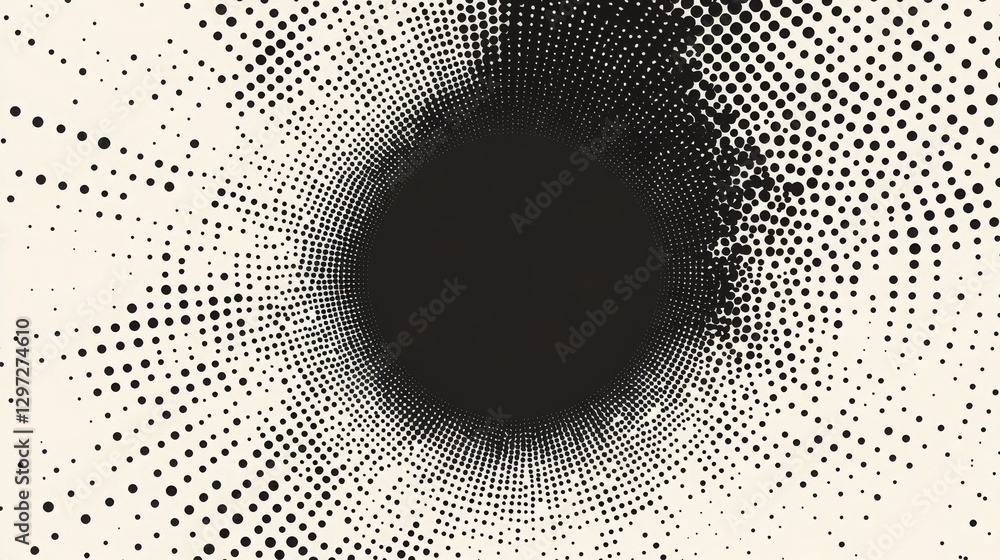 Poster halftone dotted circular frame pattern in black and white.