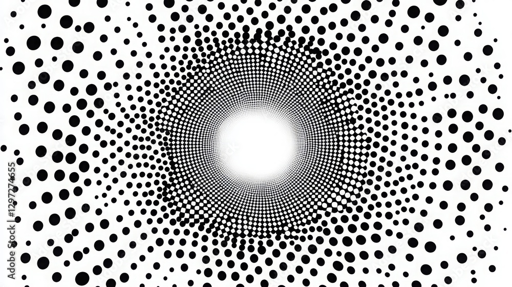 Poster halftone dotted circular frame pattern in black and white.