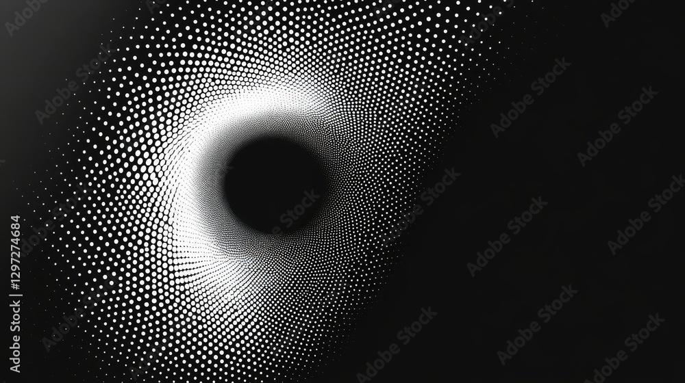 Poster halftone dotted circular frame pattern in black and white.