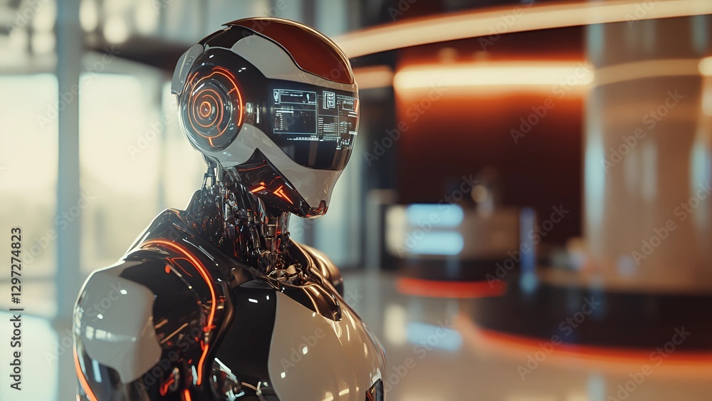 Poster futuristic robot with glowing elements in a high-tech environment