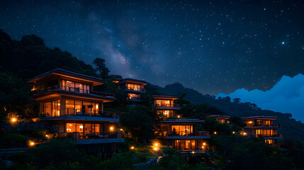 Fototapeta premium Hillside villas illuminated at night under starry sky