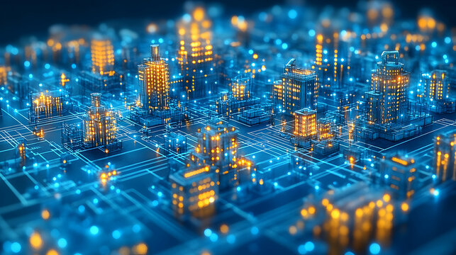 Fototapeta Illuminated cityscape on digital network, futuristic scene
