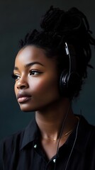 Melody and Contemplation: Portrait of a serene woman with dreadlocks wearing headphones, lost in thought, the subdued background adds to the tranquil atmosphere.