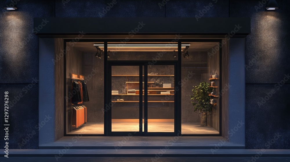 Poster realistic 3d shop window display with an open glass door.