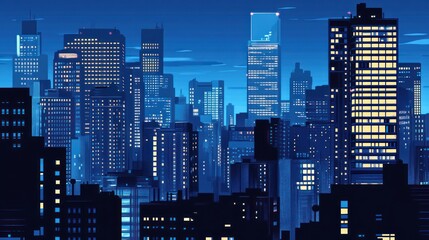 Cityscape at twilight, urban buildings, illuminated windows, background. Use Stock photo for city, night, architecture, urban, illustrations