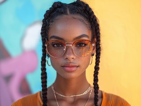 A woman with braided hair and glasses is wearing a gold necklace