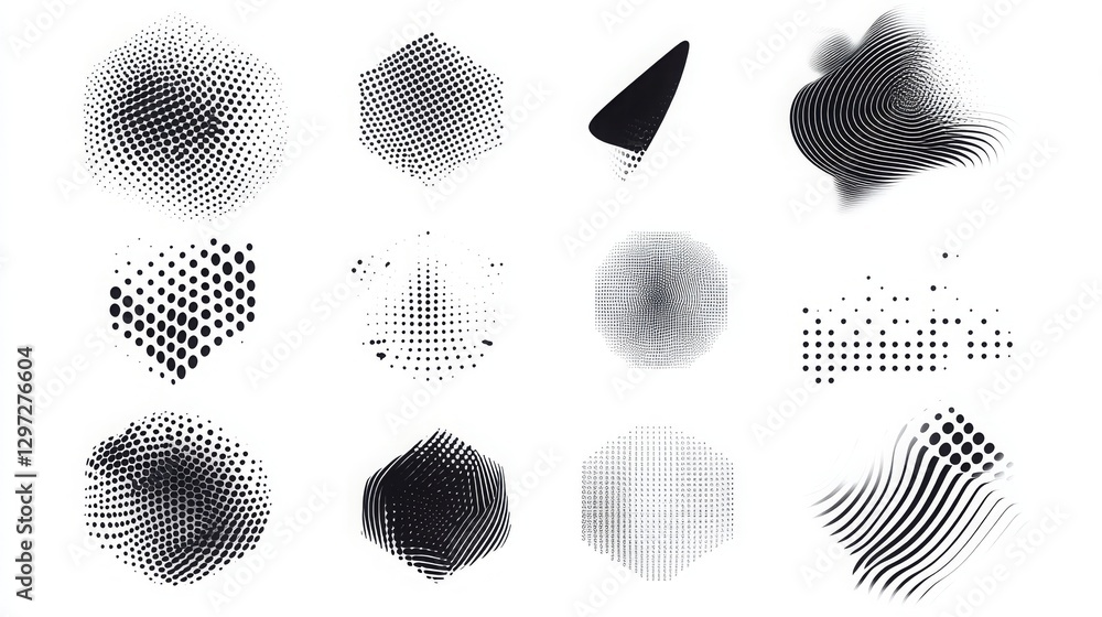 Poster set of dotted abstract shapes in a hexagonal halftone pattern.