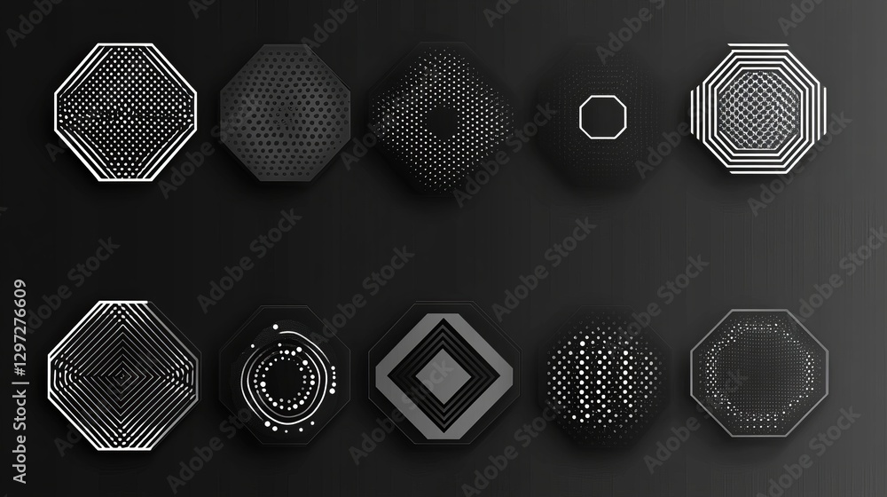 Poster set of dotted abstract shapes in a hexagonal halftone pattern.