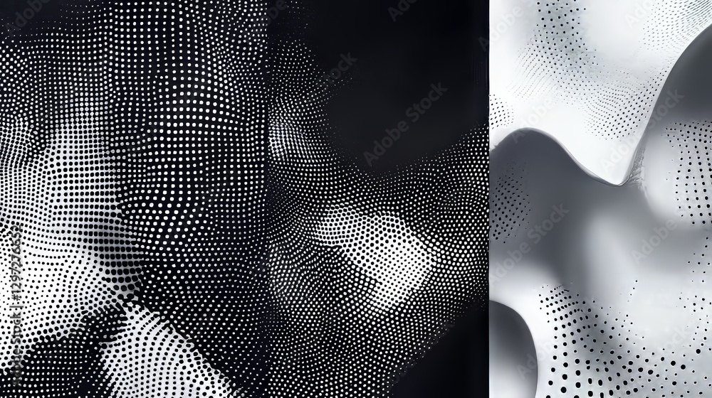 Poster set of dotted abstract shapes in a hexagonal halftone pattern.