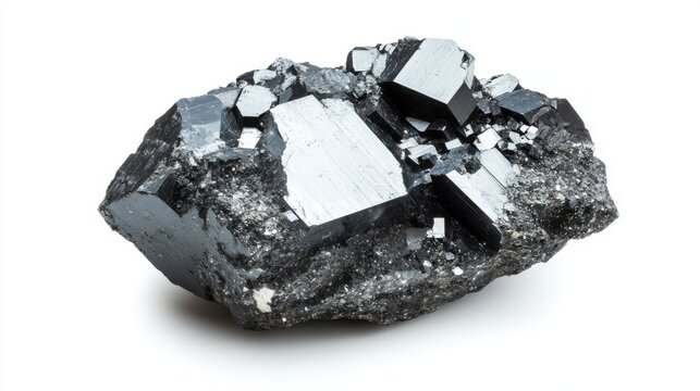 Coarse tungsten ore sample with metallic shine on a bright white background