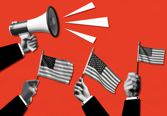 patriotism concept collage set with hands holding small American flags megaphone retro vintage halftone grunge dotted elements communication activism poster design